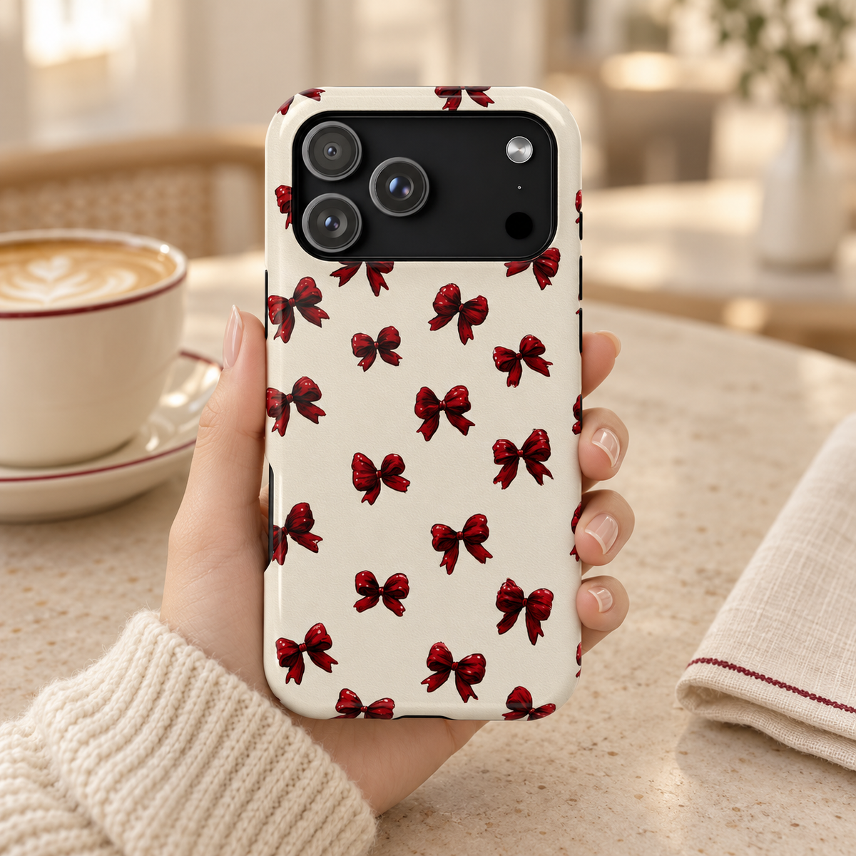 Burgundy Bow protective phone case, little burgundy bows on cream, lifestyle photo in hand with coffee