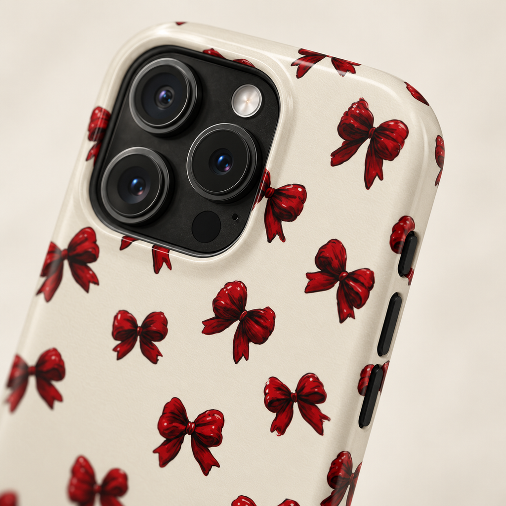 Burgundy Bow protective phone case, little burgundy bows on cream, lifestyle close-up of the camera