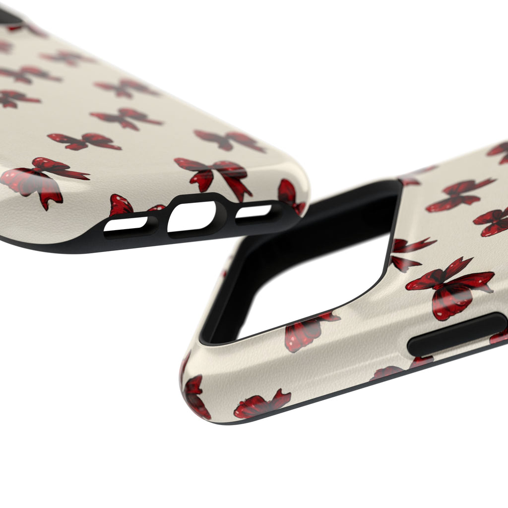 Burgundy Bow MagSafe case, close-up at an angle