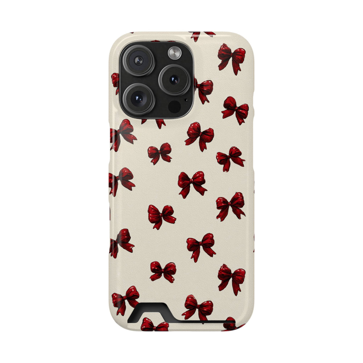 Burgundy Bow phone case with card holder for iPhone 16 Pro, glossy finish