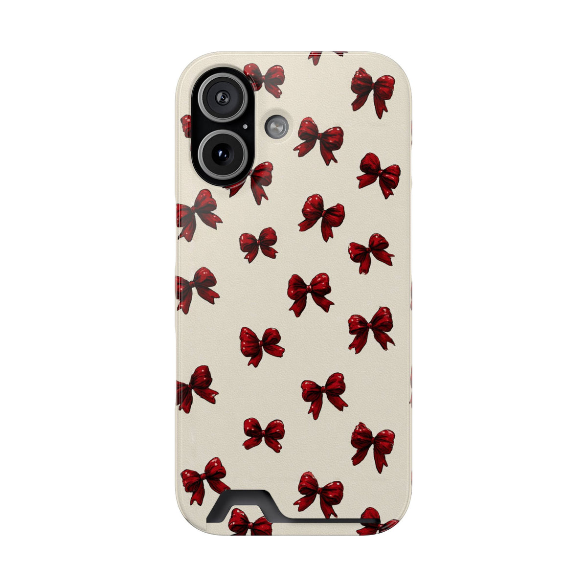 Burgundy Bow phone case with card holder for iPhone 17, glossy finish