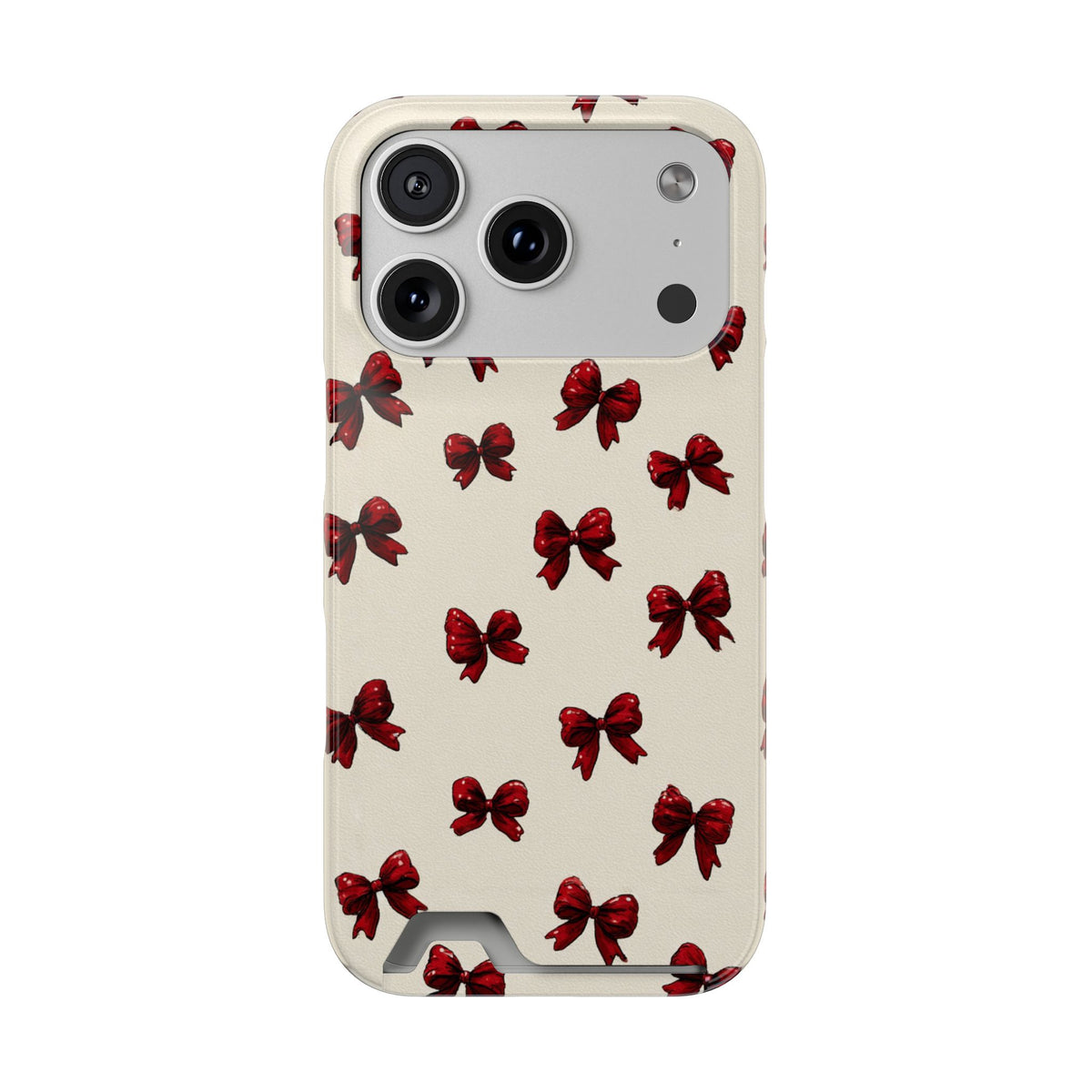 Burgundy Bow phone case with card holder for iPhone 17 Pro, glossy finish