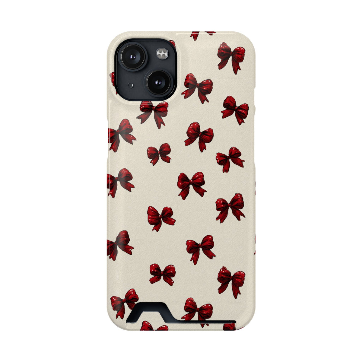 Burgundy Bow phone case with card holder for iPhone 14, glossy finish