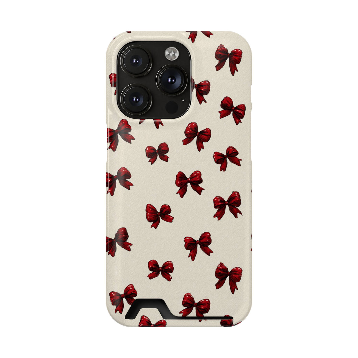 Burgundy Bow phone case with card holder for iPhone 14 Pro, glossy finish