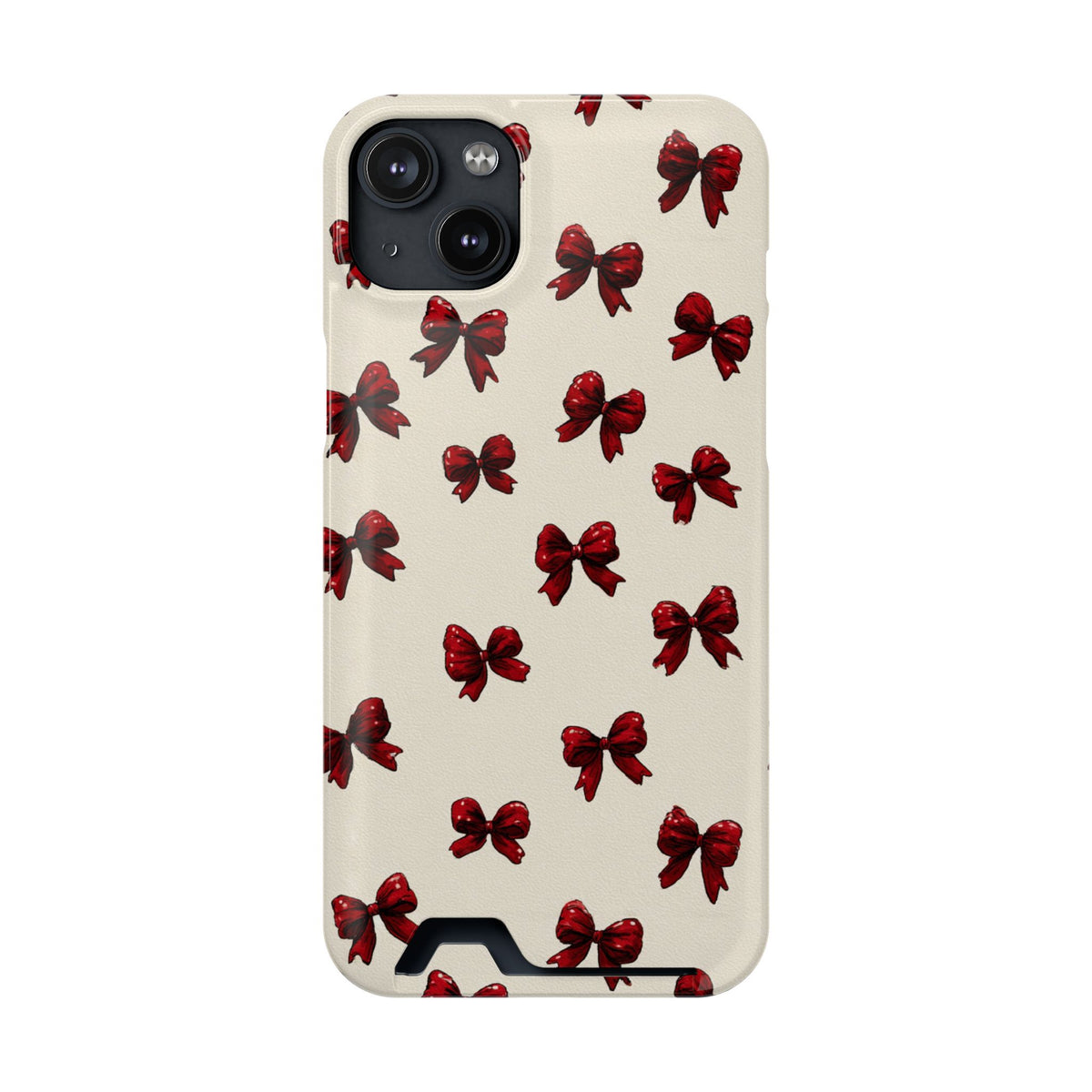 Burgundy Bow phone case with card holder for iPhone 14 Plus, glossy finish
