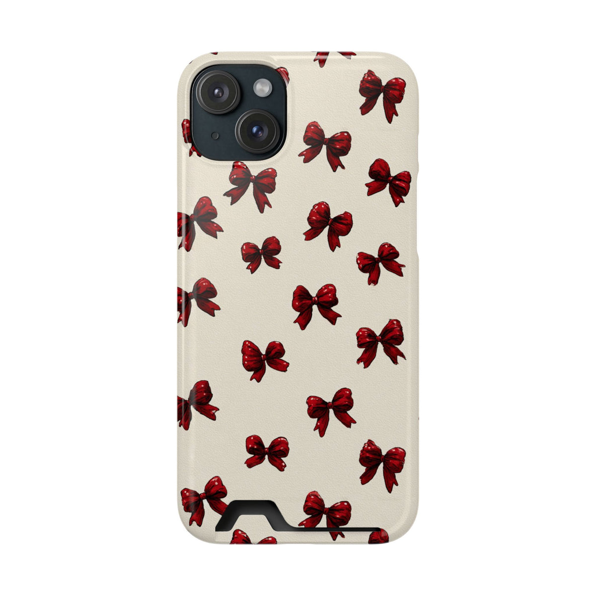 Burgundy Bow phone case with card holder for iPhone 15 Plus, glossy finish