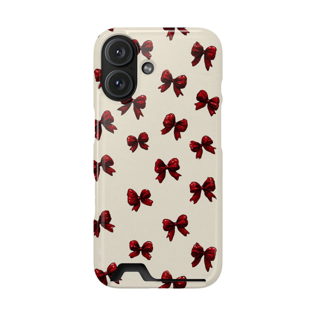 Burgundy Bow phone case with card holder for iPhone 16, glossy finish