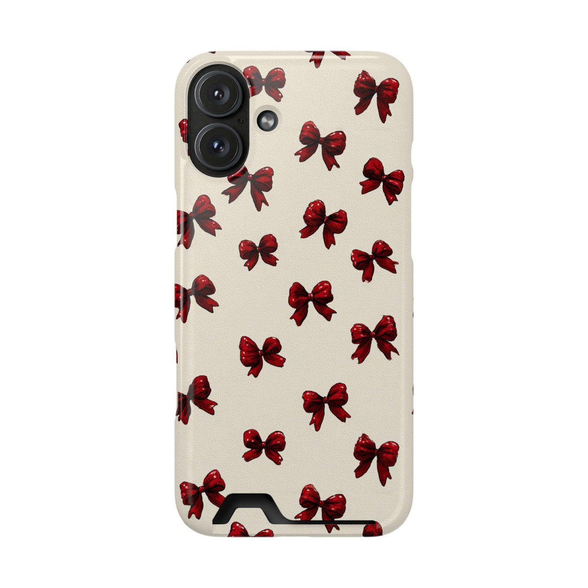 Burgundy Bow phone case with card holder for iPhone 16 Plus, glossy finish