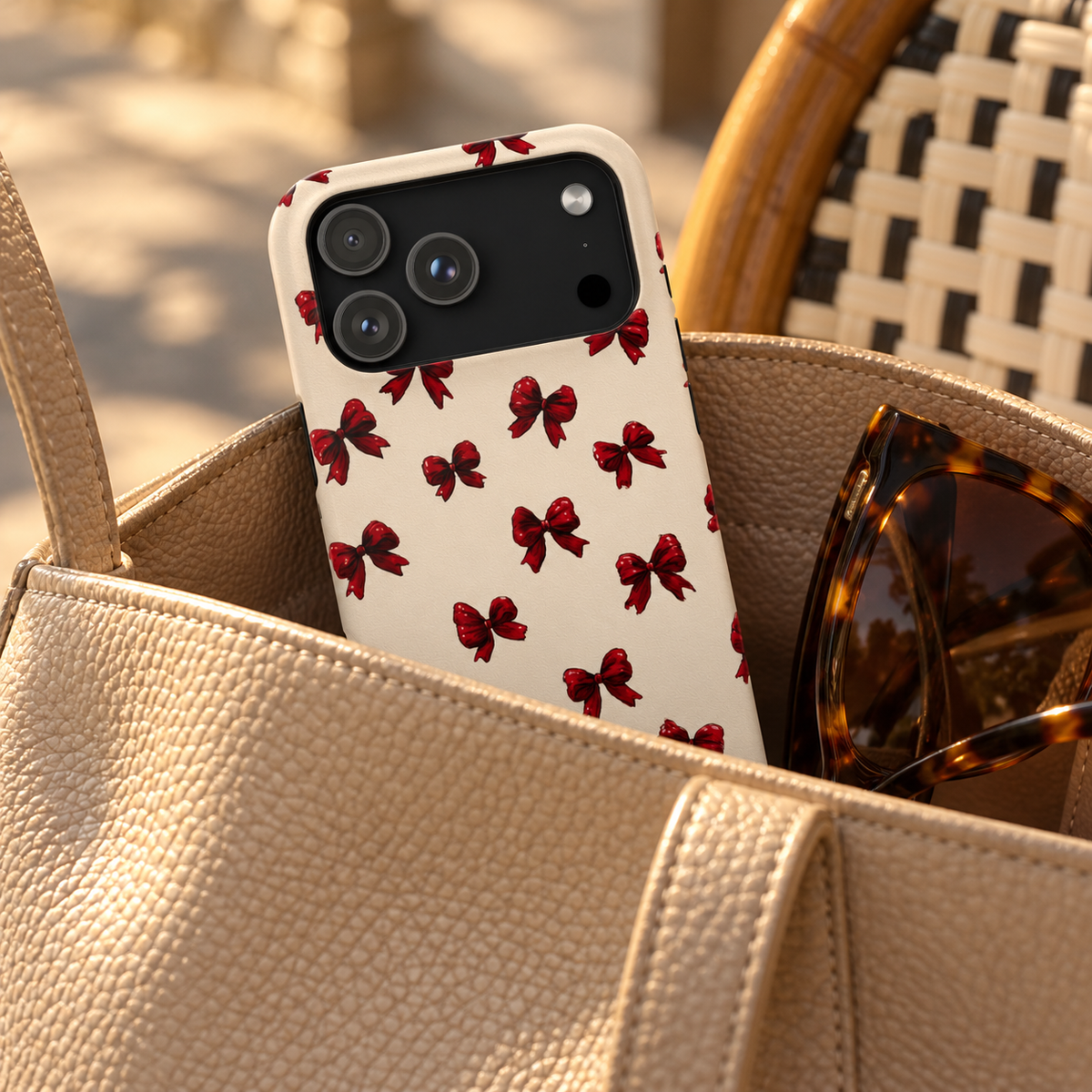 Burgundy Bow phone case with card holder, little burgundy bows on cream, lifestyle photo in a handbag