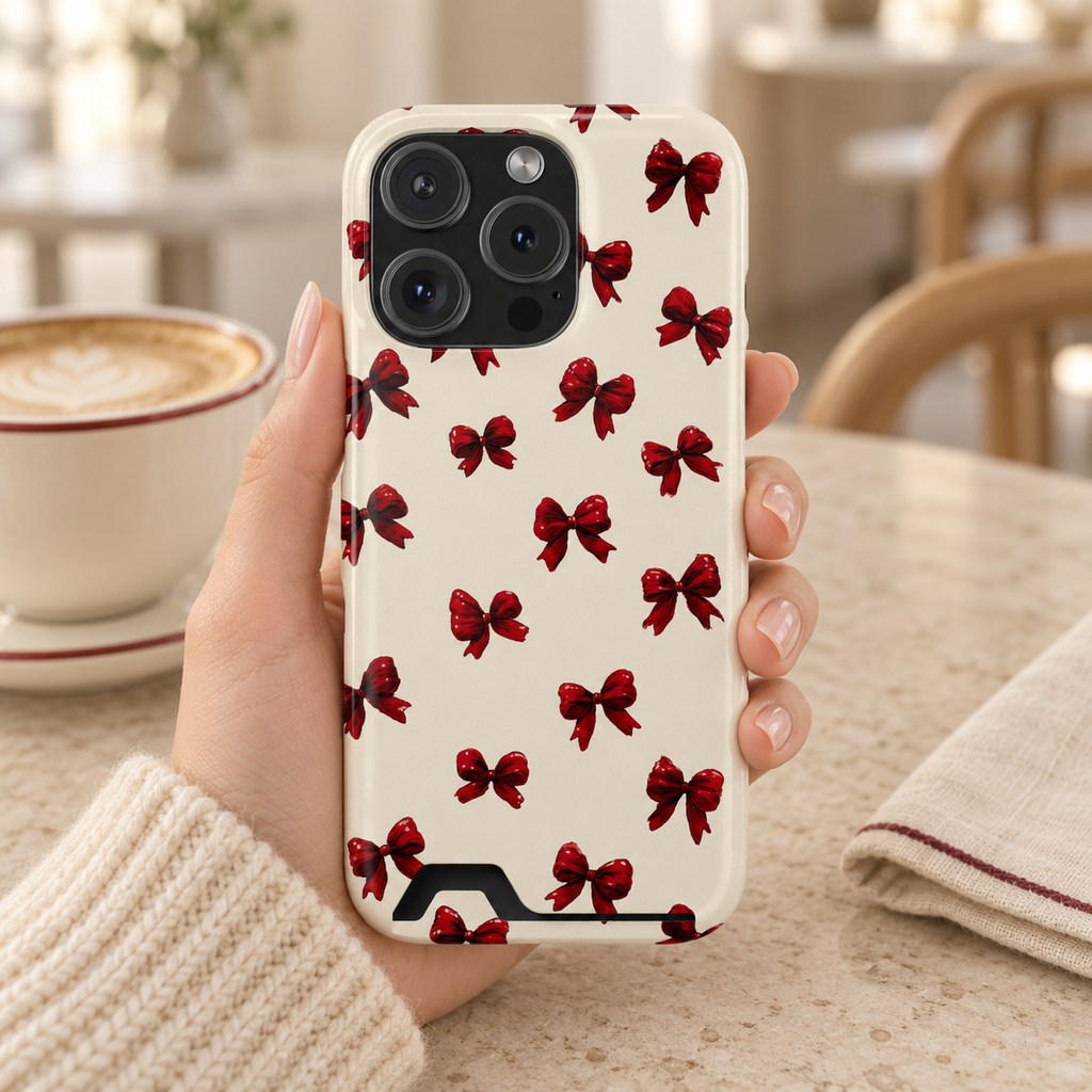 Burgundy Bow phone case with card holder, little burgundy bows on cream, lifestyle photo in hand with coffee