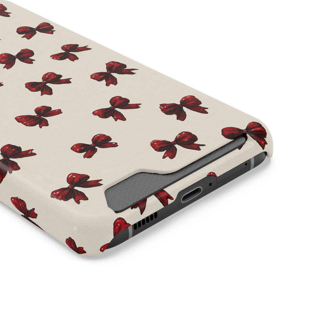 Burgundy Bow phone case with card holder, close-up of the card slot