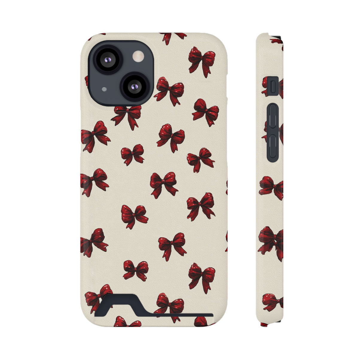 Burgundy Bow phone case with card holder for iPhone 13 Mini, glossy finish