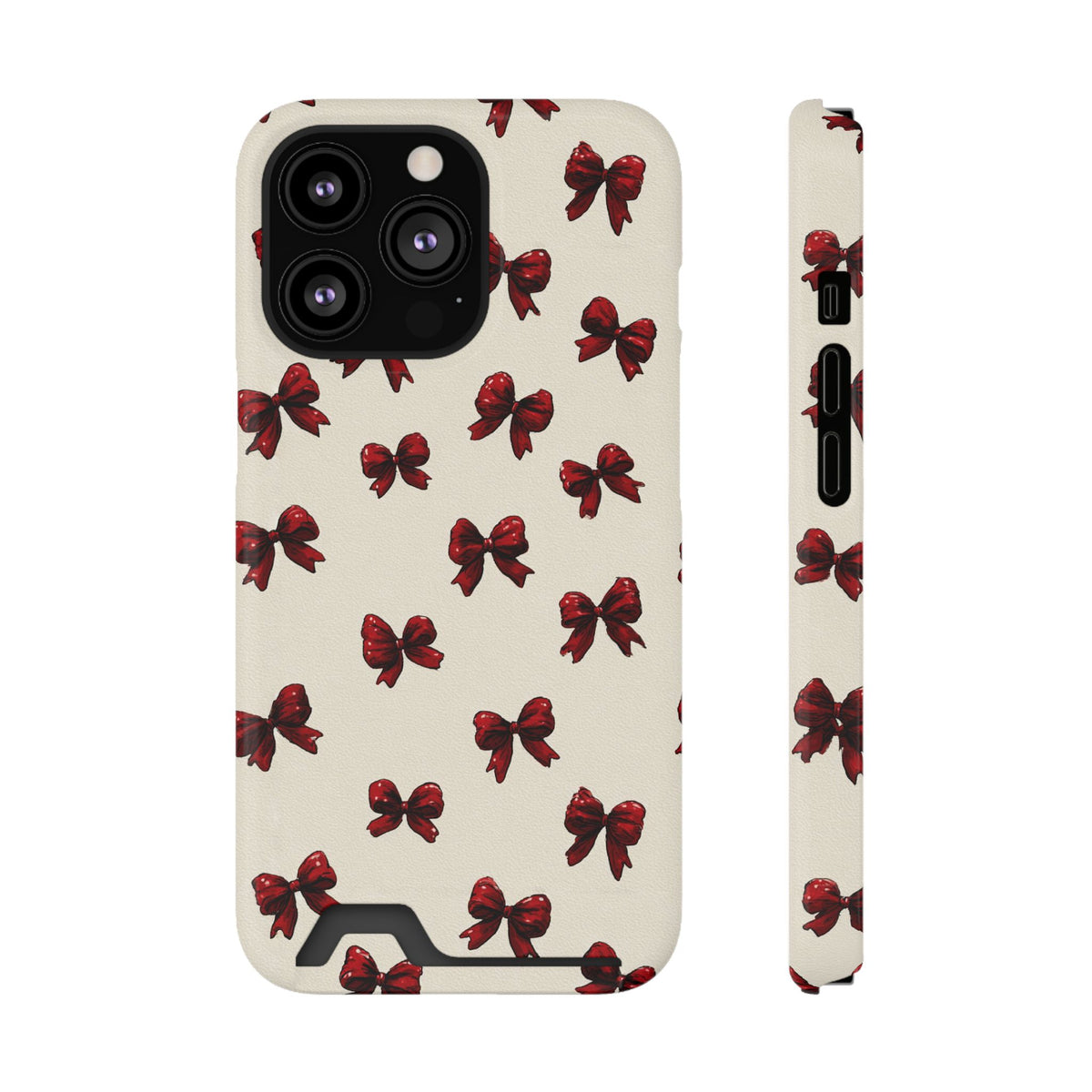 Burgundy Bow phone case with card holder for iPhone 13 Pro, glossy finish