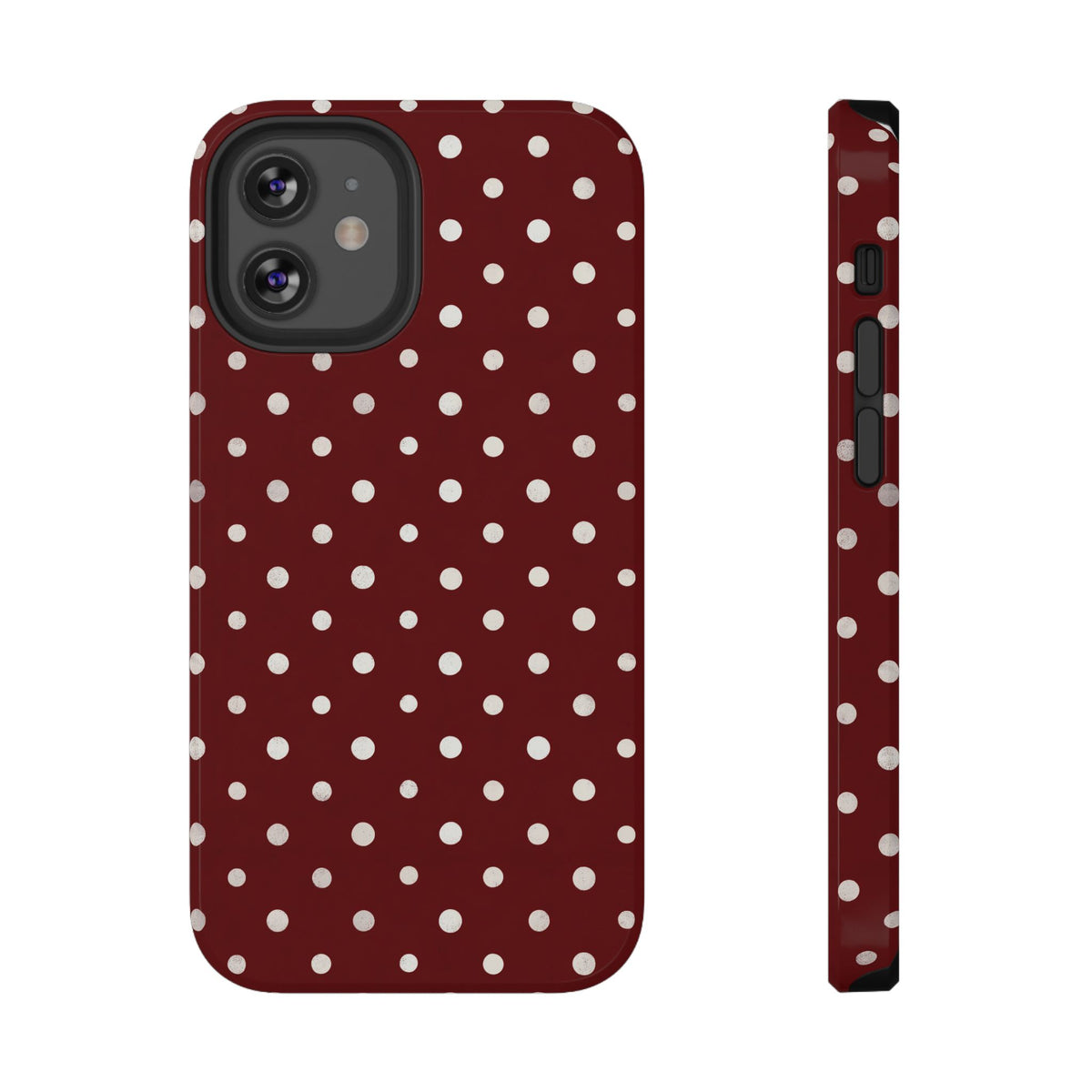 Burgundy Polka Dot protective phone case for iPhone 12 Mini, glossy finish