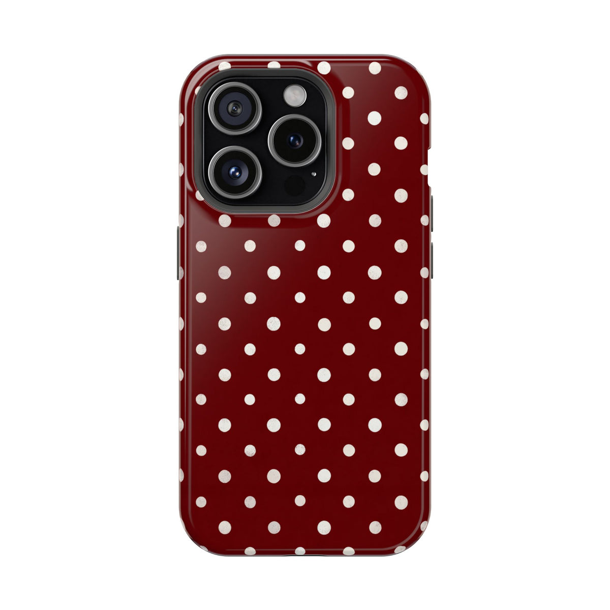Burgundy Polka Dot protective phone case for iPhone 15 Pro, glossy finish