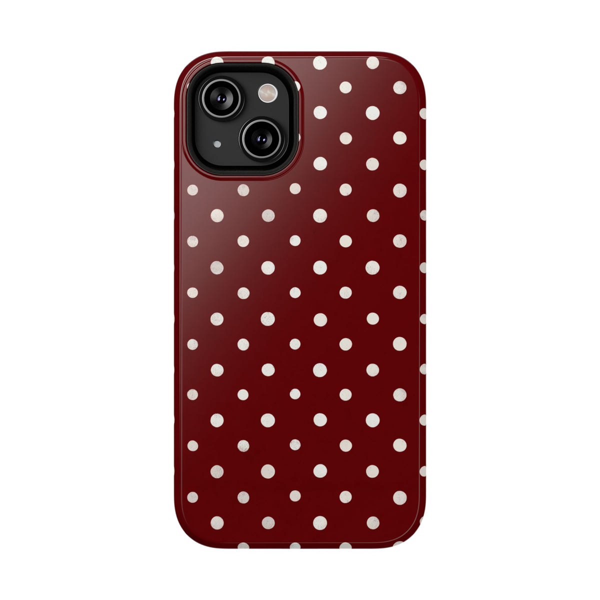 Burgundy Polka Dot protective phone case for iPhone 14, glossy finish