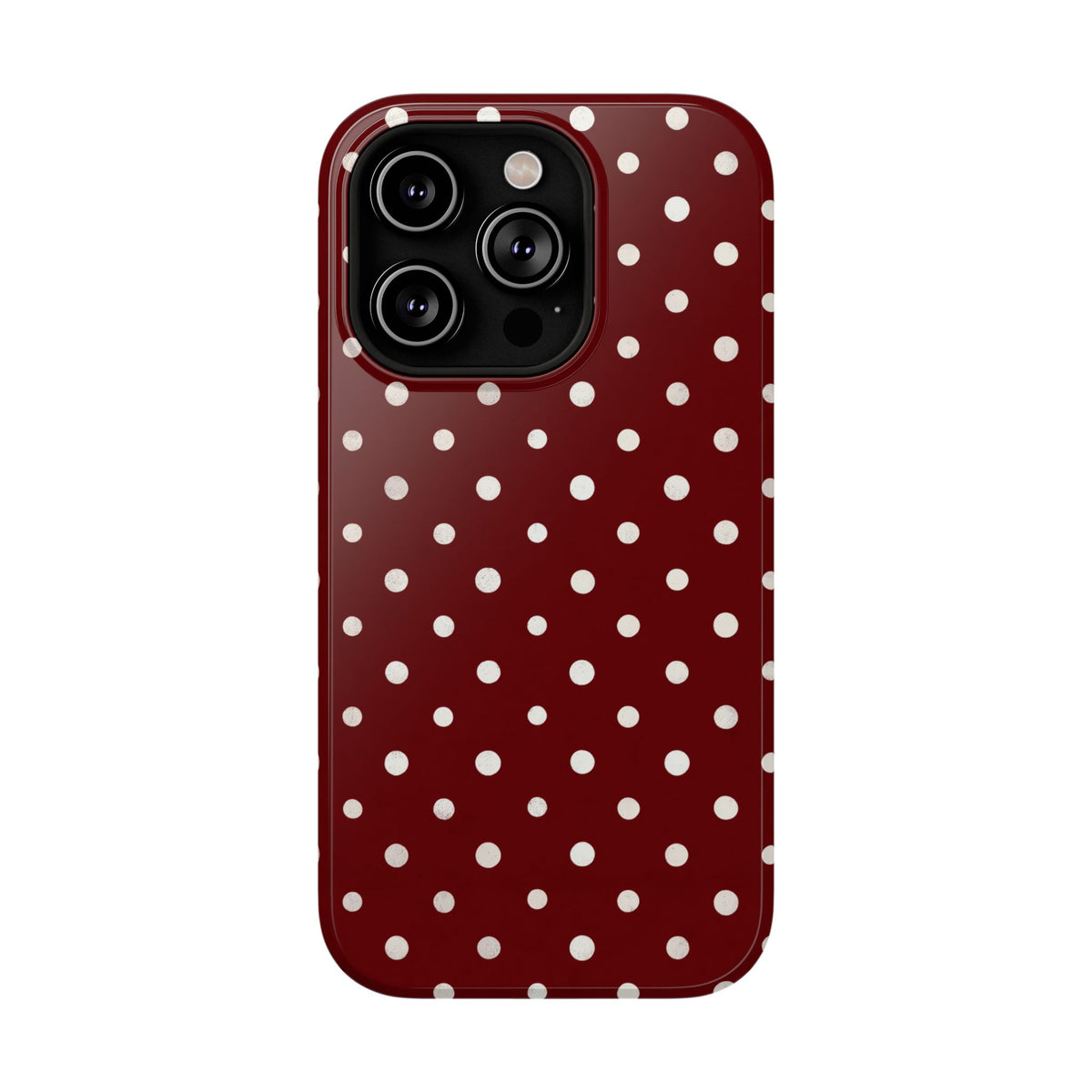 Burgundy Polka Dot protective phone case for iPhone 14 Pro, glossy finish