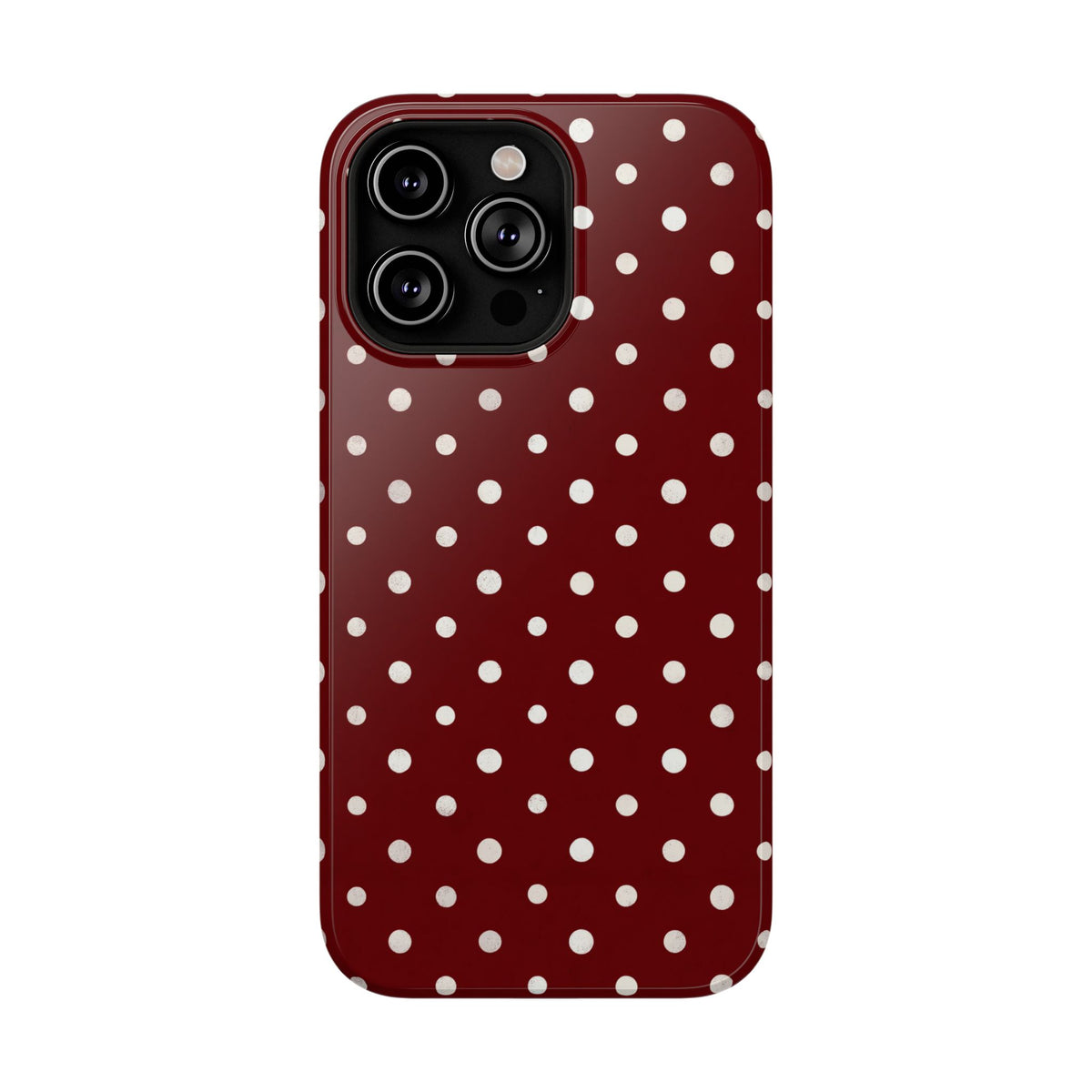 Burgundy Polka Dot protective phone case for iPhone 14 Pro Max, glossy finish