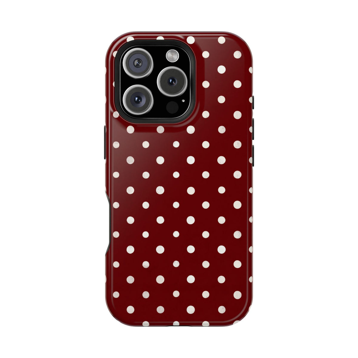 Burgundy Polka Dot protective phone case for iPhone 16 Pro, glossy finish
