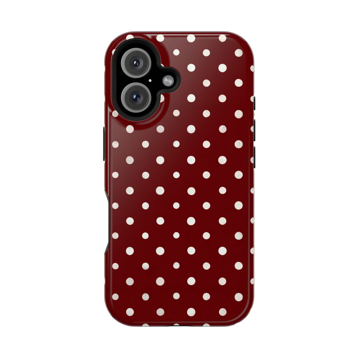 Burgundy Polka Dot protective phone case for iPhone 16, glossy finish