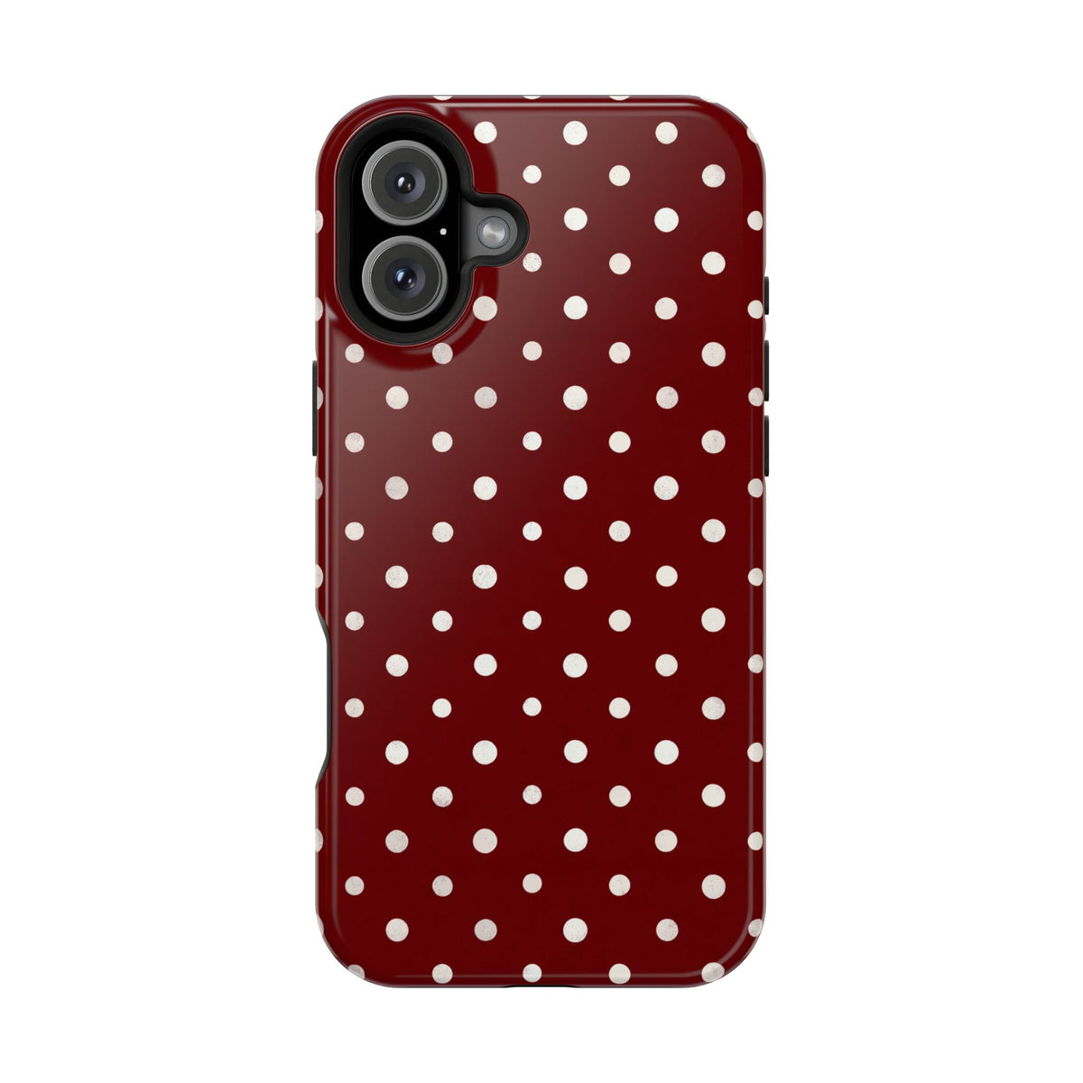 Burgundy Polka Dot protective phone case for iPhone 16 Plus, glossy finish