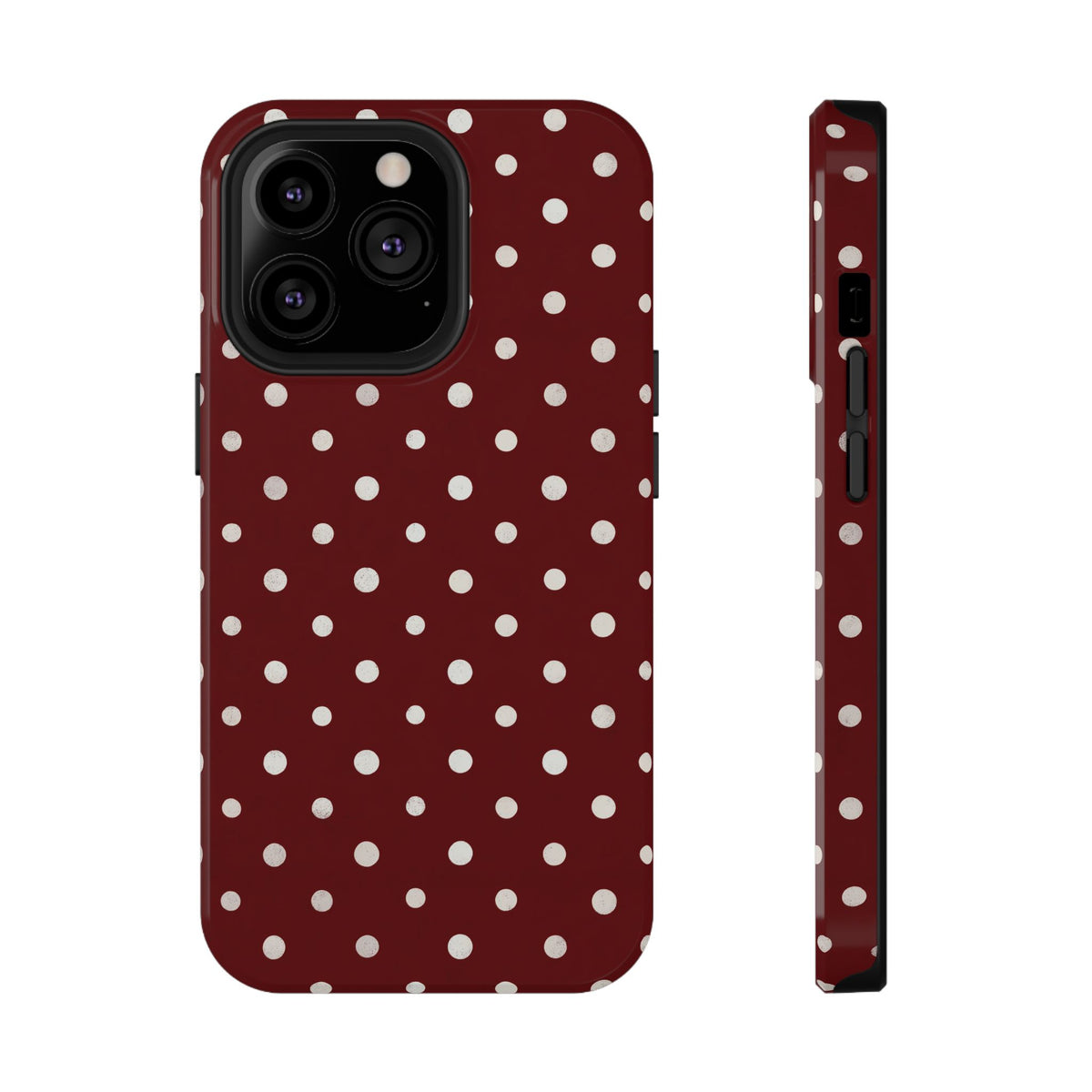 Burgundy Polka Dot protective phone case for iPhone 13 Pro, glossy finish