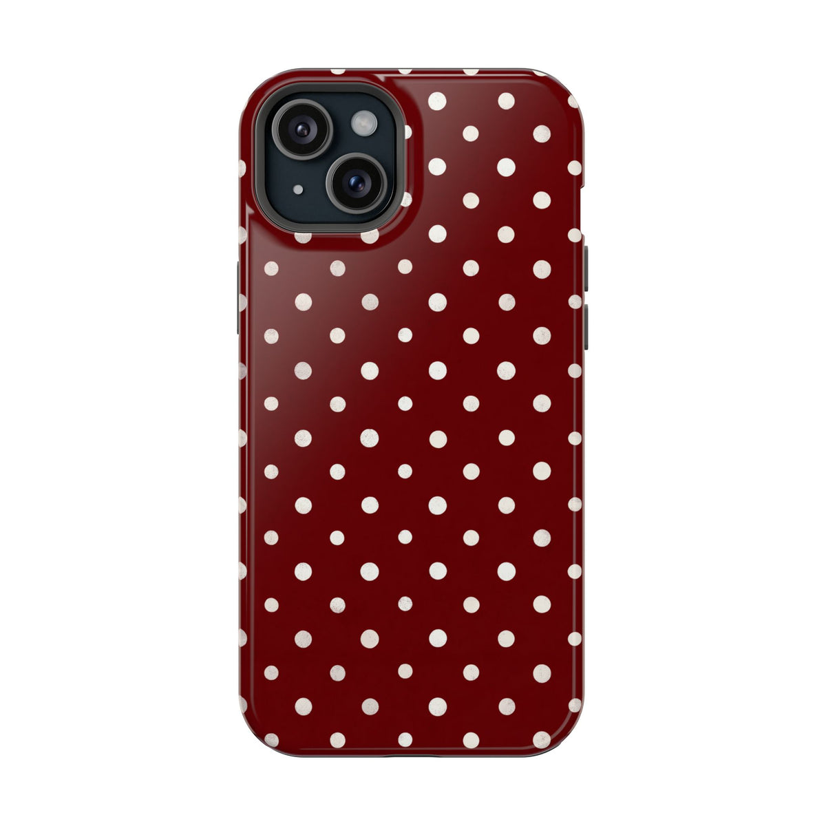 Burgundy Polka Dot MagSafe case for iPhone 15 Plus, glossy finish