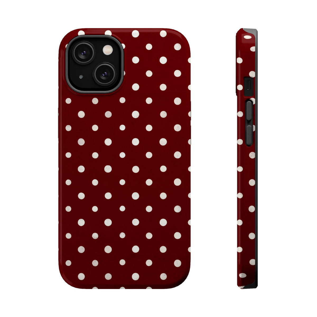 Burgundy Polka Dot MagSafe case for iPhone 14, glossy finish