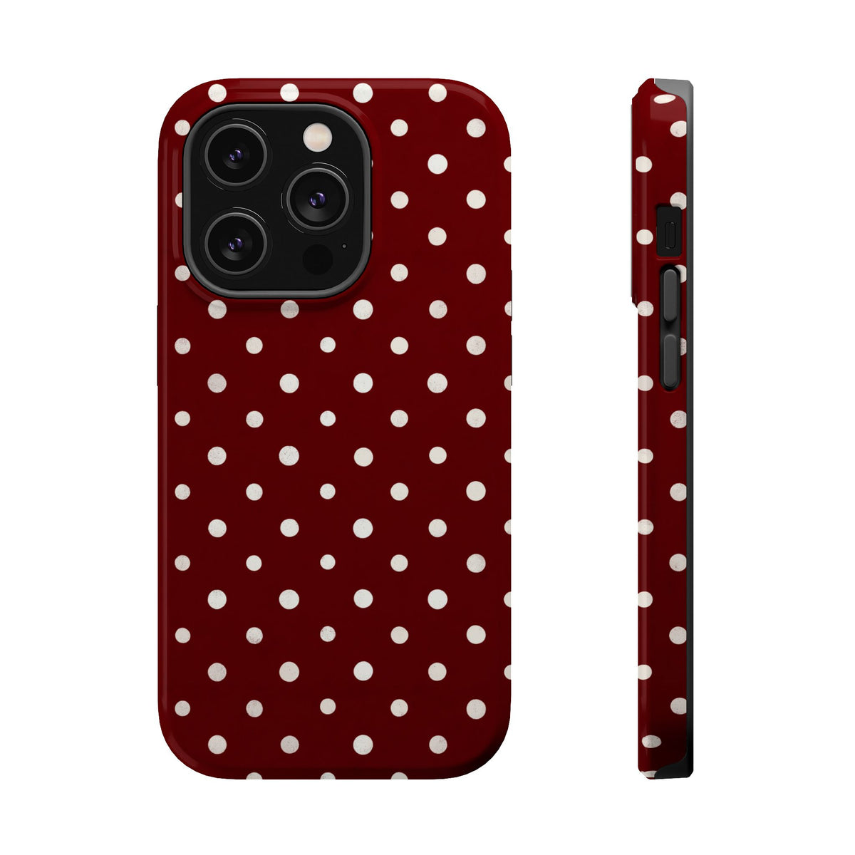 Burgundy Polka Dot MagSafe case for iPhone 14 Pro, glossy finish