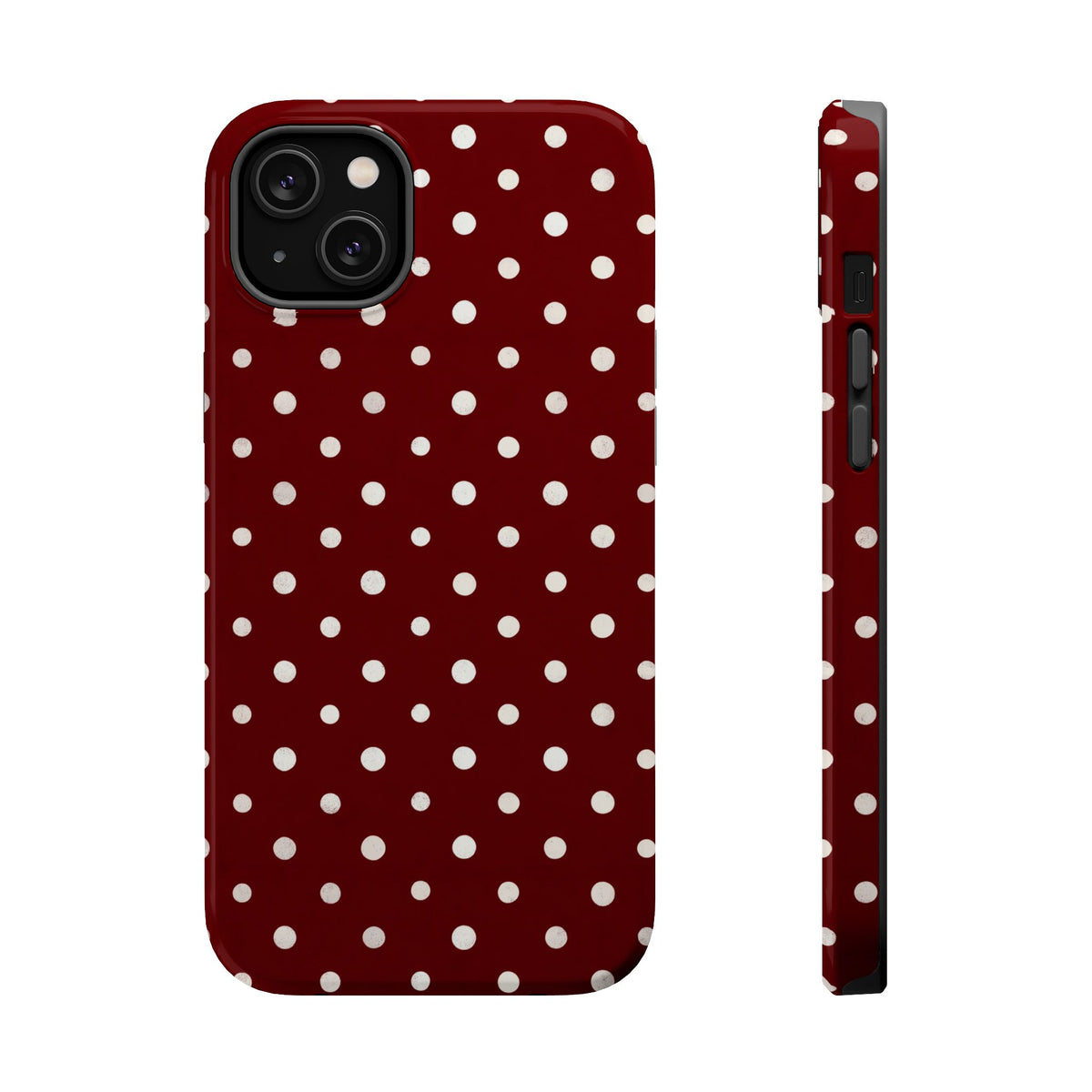 Burgundy Polka Dot MagSafe case for iPhone 14 Plus, glossy finish