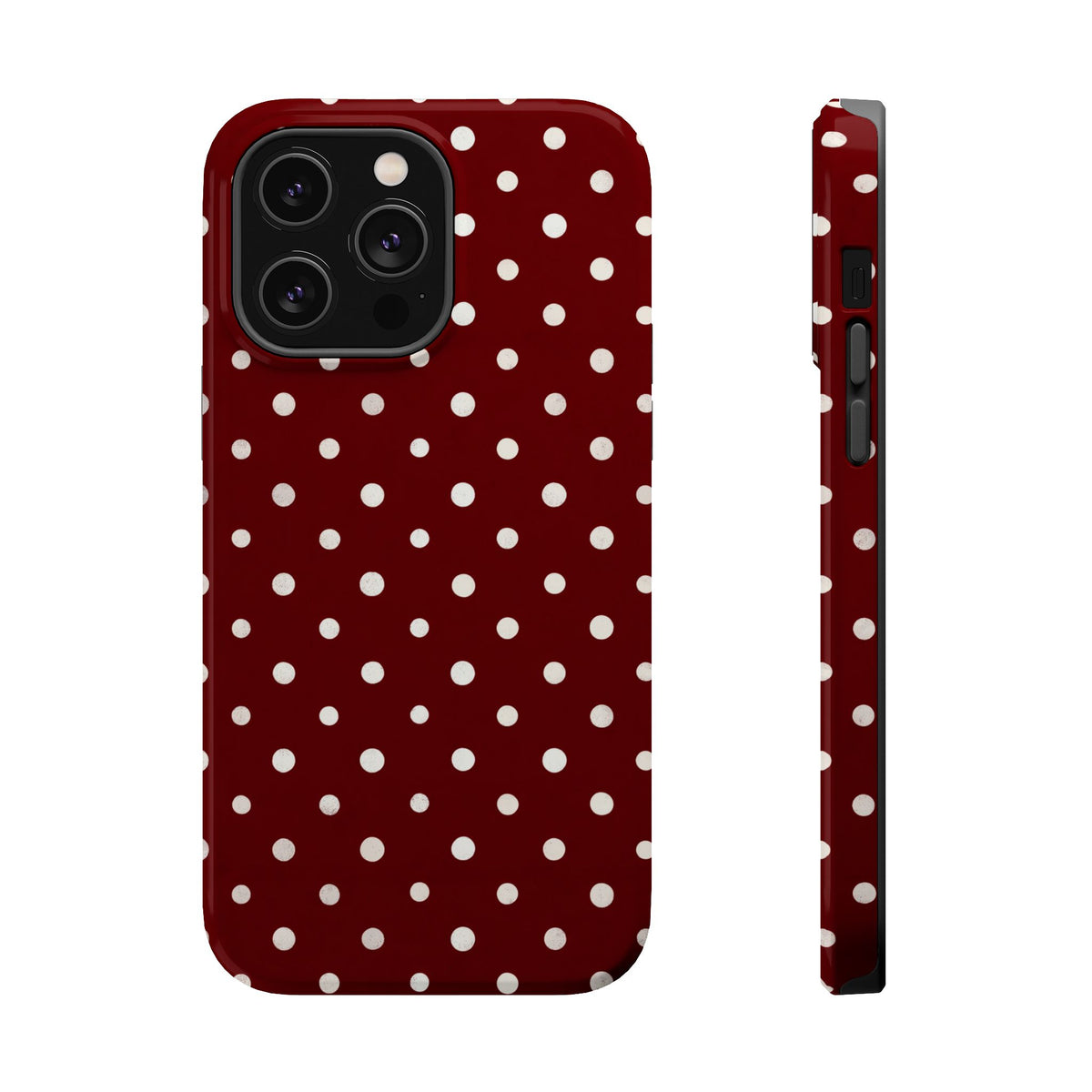 Burgundy Polka Dot MagSafe case for iPhone 14 Pro Max, glossy finish