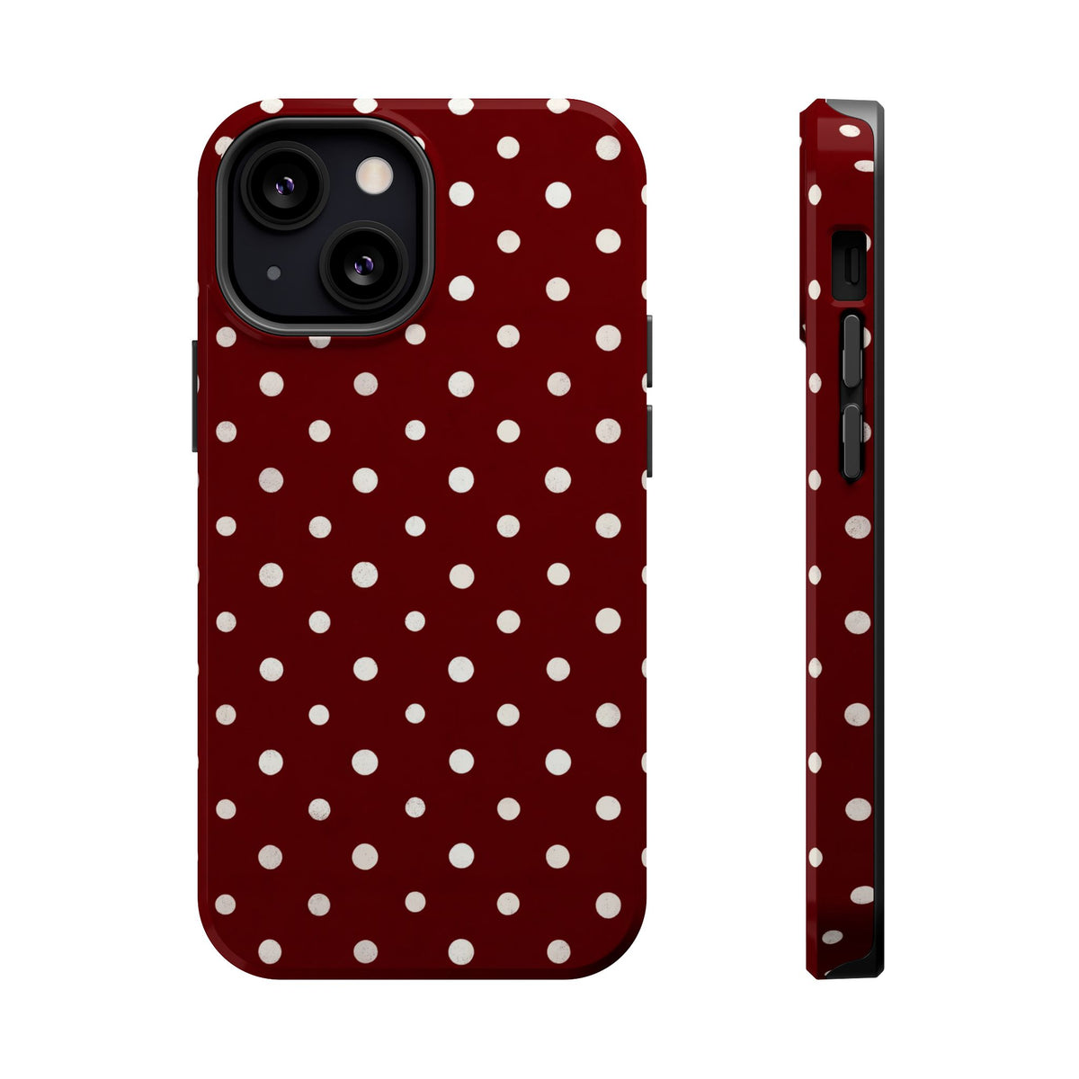 Burgundy Polka Dot MagSafe case for iPhone 13 Mini, glossy finish