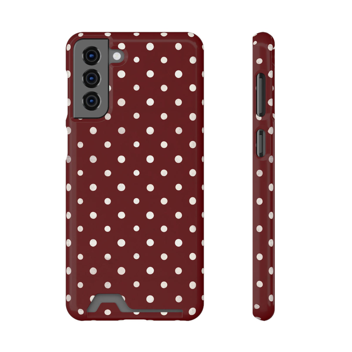 Burgundy Polka Dot phone case with card holder for Samsung Galaxy S21 Plus, glossy finish