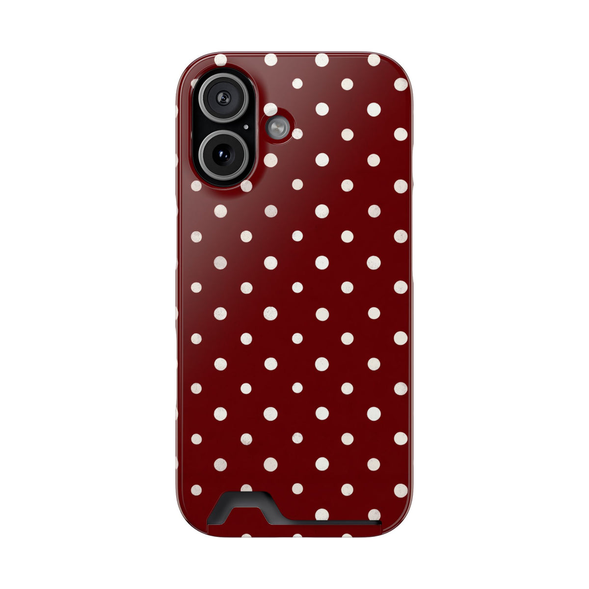 Burgundy Polka Dot phone case with card holder for iPhone 17, glossy finish