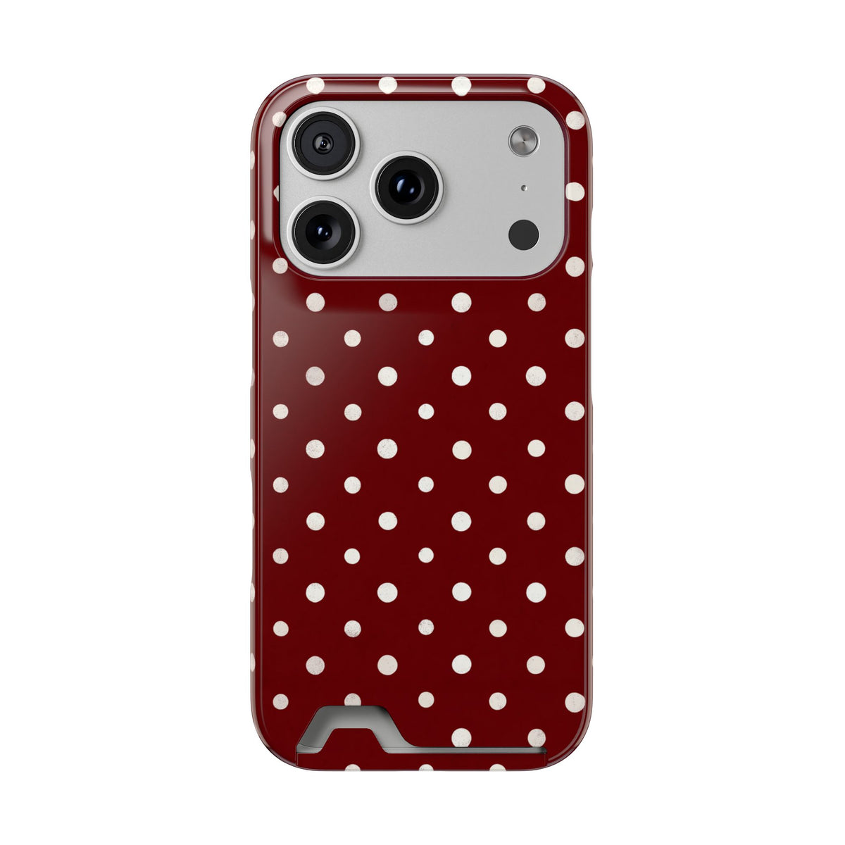 Burgundy Polka Dot phone case with card holder for iPhone 17 Pro, glossy finish