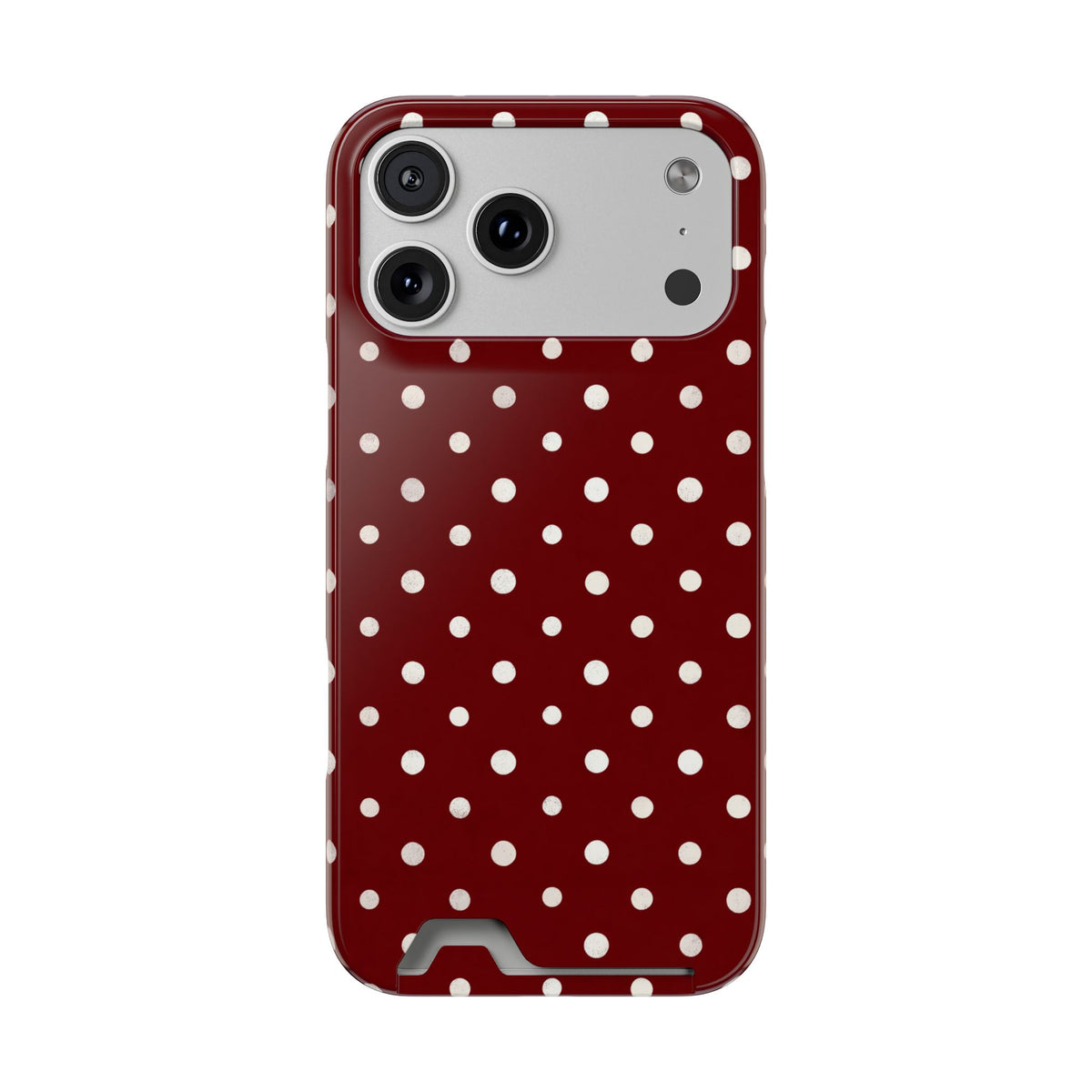Burgundy Polka Dot phone case with card holder for iPhone 17 Pro Max, glossy finish