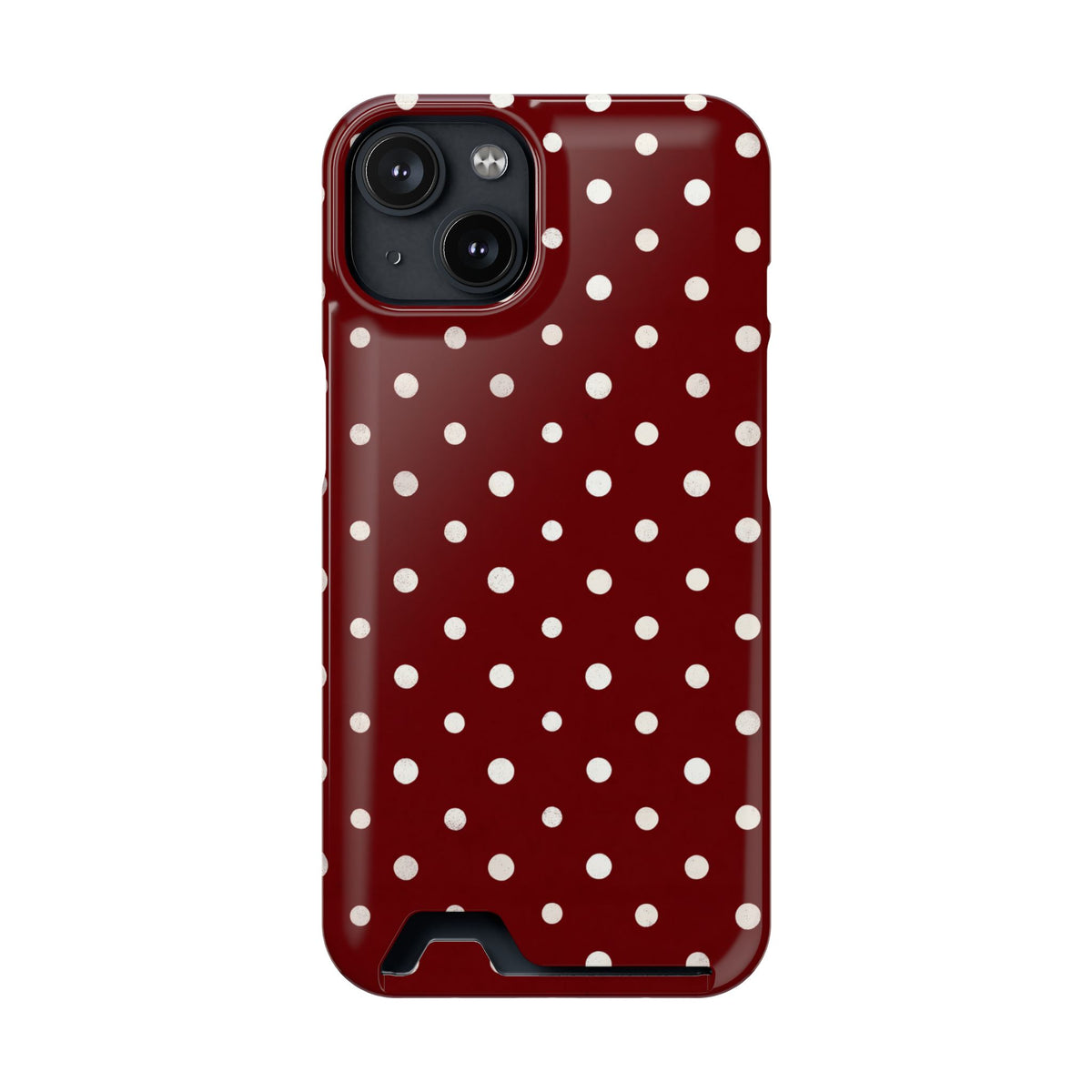 Burgundy Polka Dot phone case with card holder for iPhone 14, glossy finish
