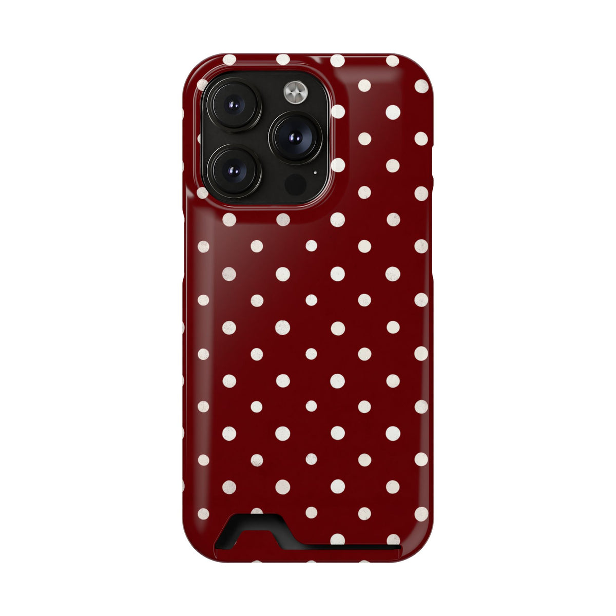 Burgundy Polka Dot phone case with card holder for iPhone 14 Pro, glossy finish