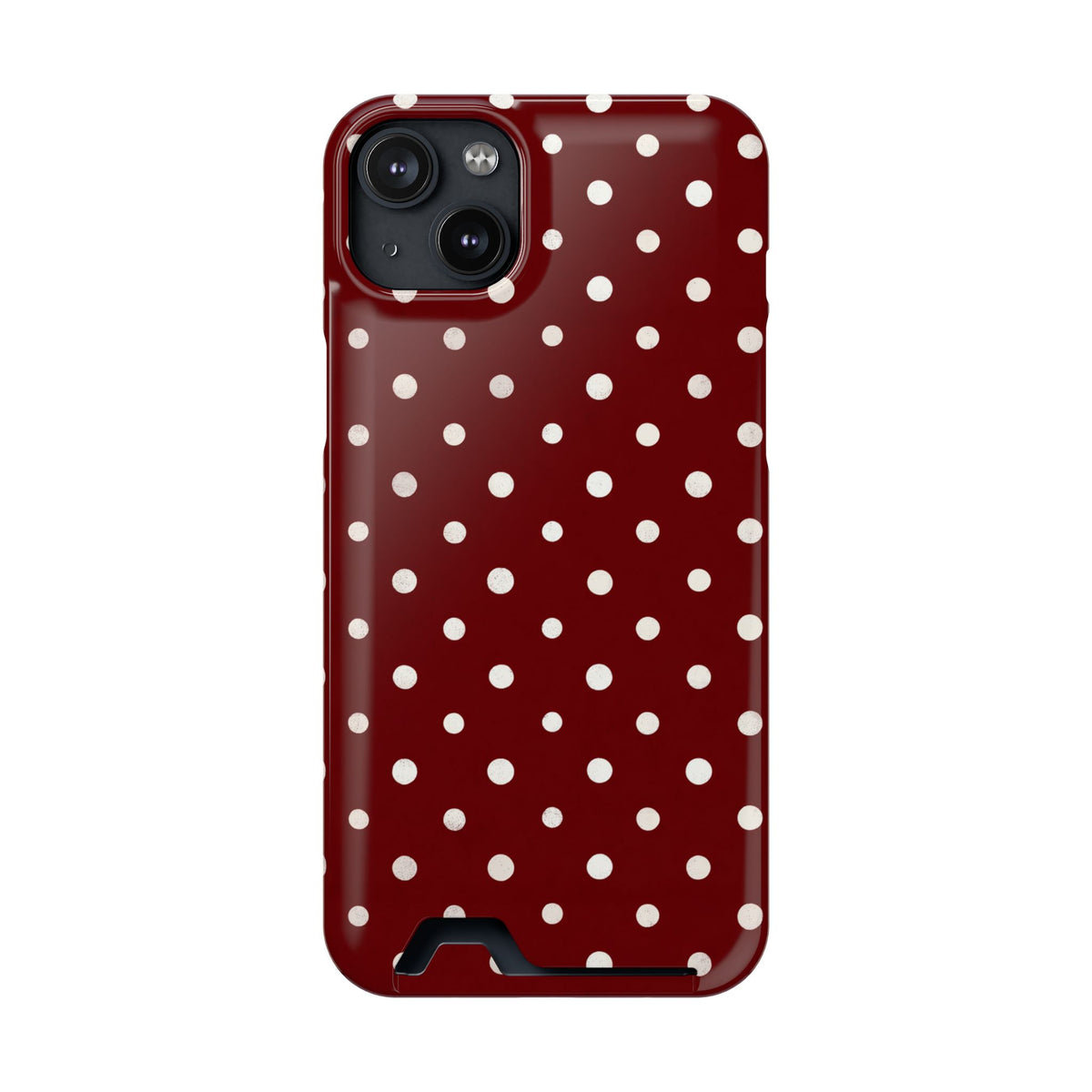 Burgundy Polka Dot phone case with card holder for iPhone 14 Plus, glossy finish