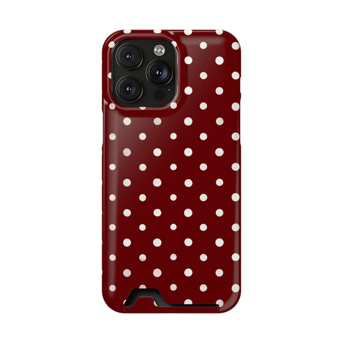 Burgundy Polka Dot phone case with card holder for iPhone 14 Pro Max, glossy finish