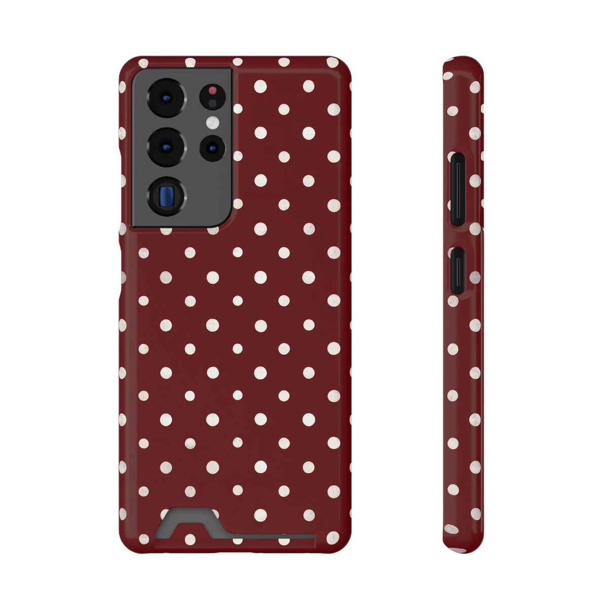 Burgundy Polka Dot phone case with card holder for Samsung Galaxy S22 Plus, glossy finish