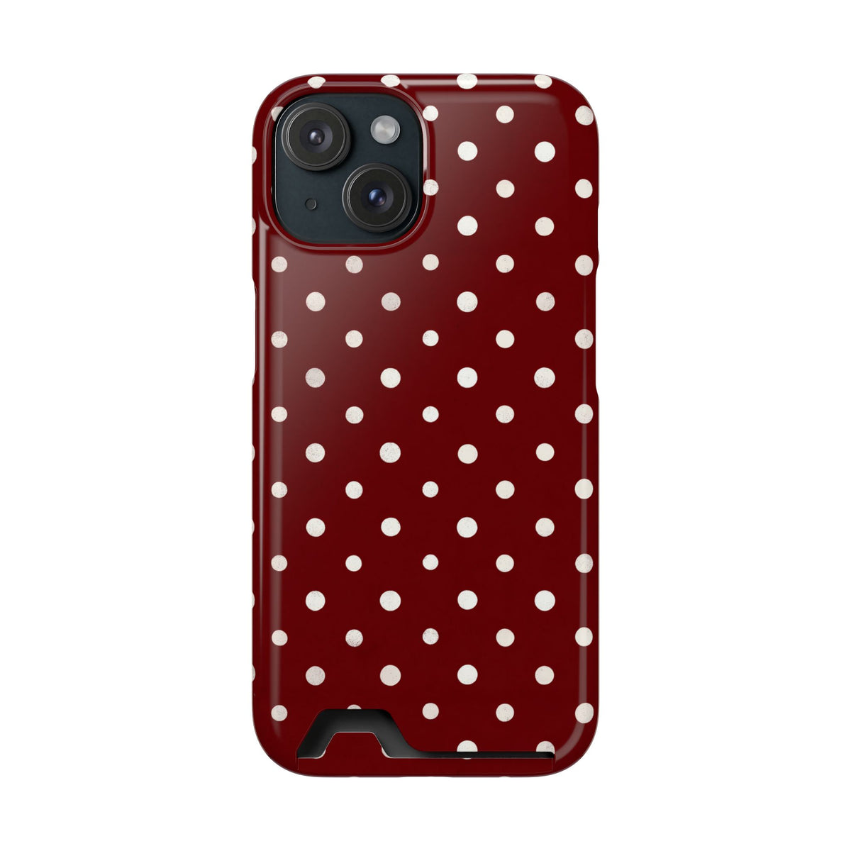 Burgundy Polka Dot phone case with card holder for iPhone 15, glossy finish