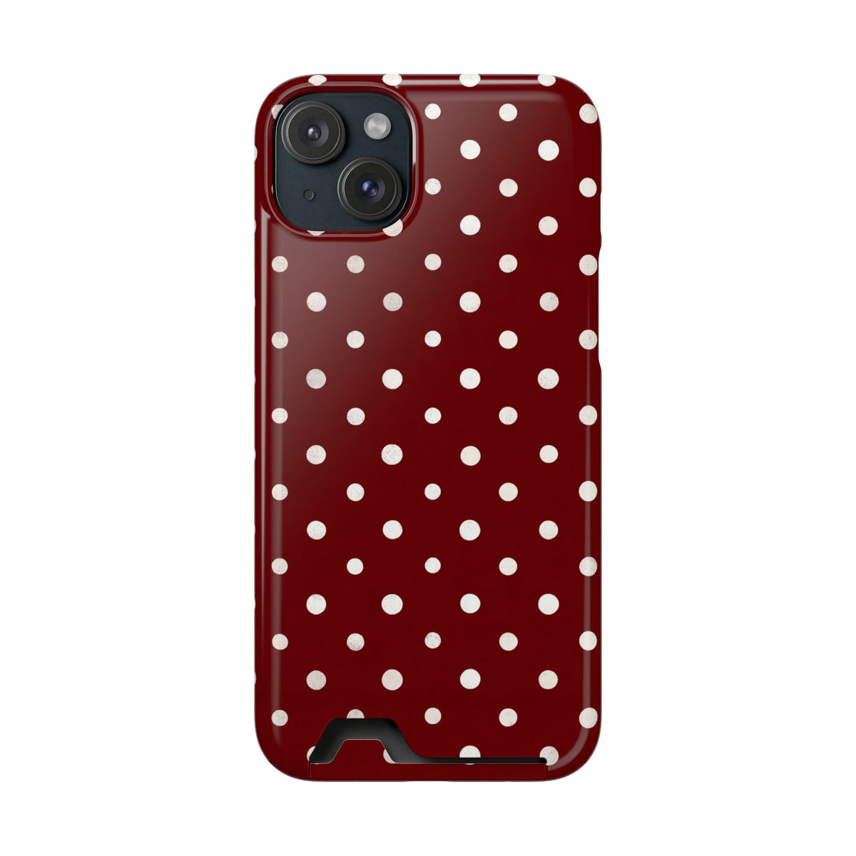 Burgundy Polka Dot phone case with card holder for iPhone 15 Plus, glossy finish