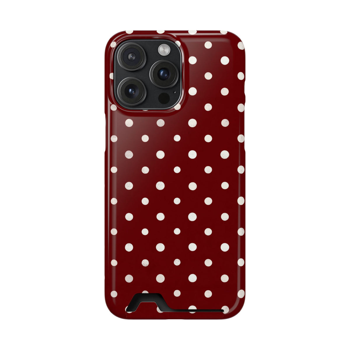 Burgundy Polka Dot phone case with card holder for iPhone 15 Pro Max, glossy finish