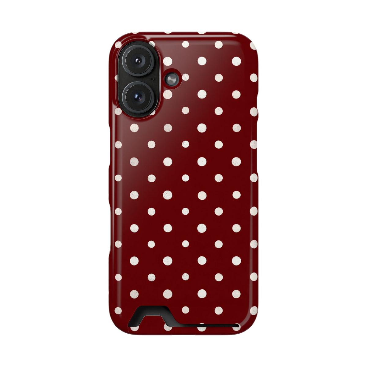 Burgundy Polka Dot phone case with card holder for iPhone 16, glossy finish