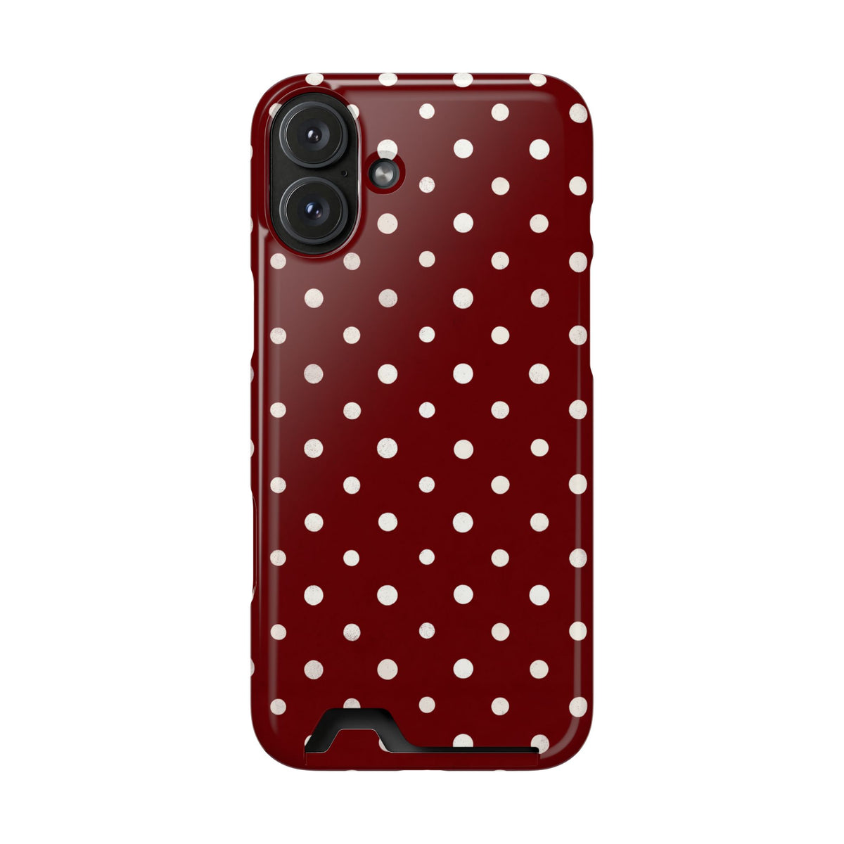 Burgundy Polka Dot phone case with card holder for iPhone 16 Plus, glossy finish