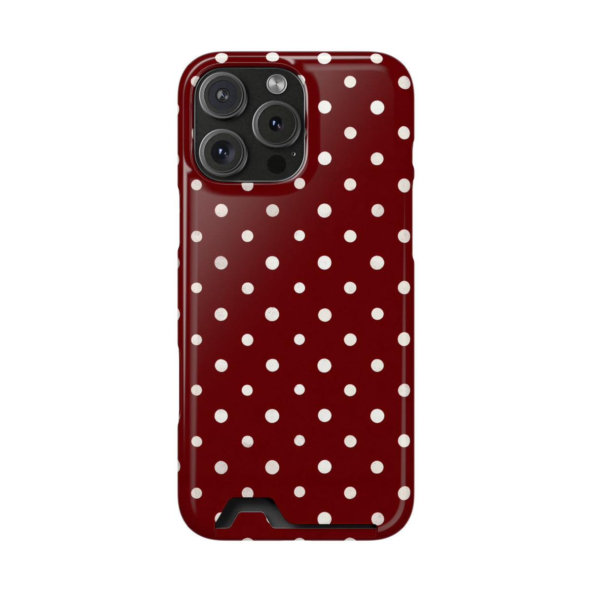 Burgundy Polka Dot phone case with card holder for iPhone 16 Pro Max, glossy finish