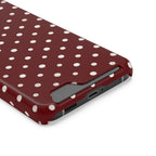 Burgundy Polka Dot phone case with card holder, close-up of the card slot