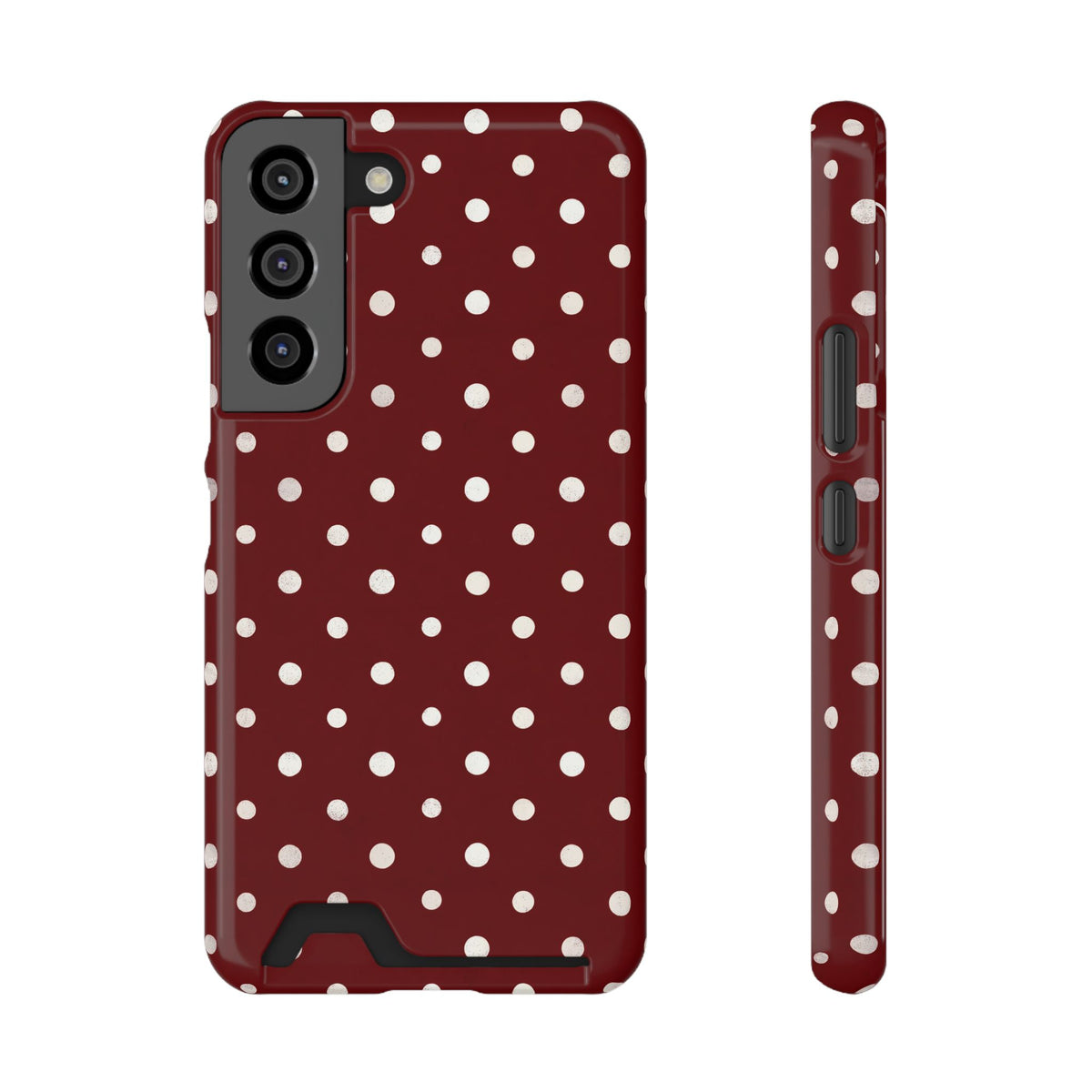 Burgundy Polka Dot phone case with card holder for Samsung Galaxy S22, glossy finish