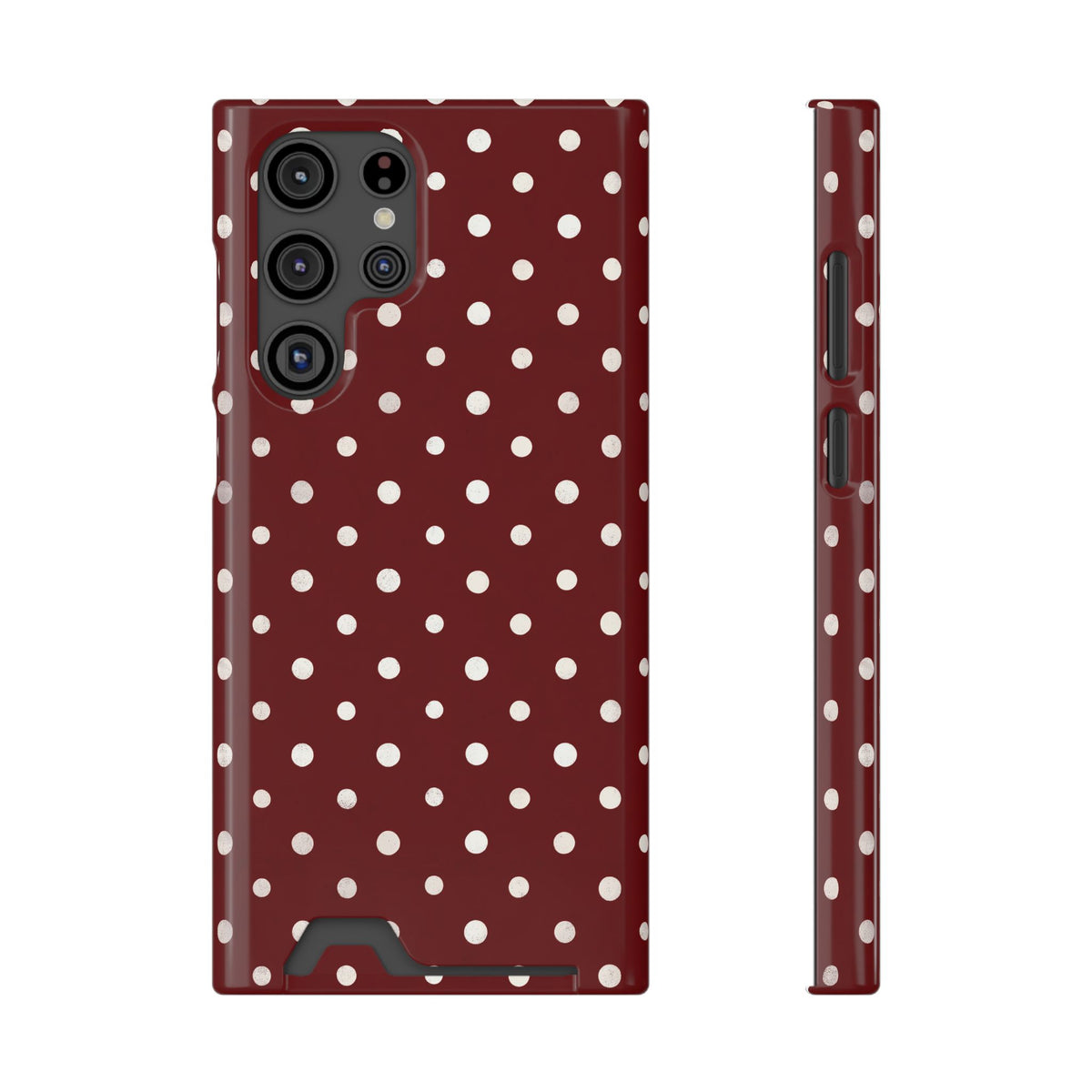 Burgundy Polka Dot phone case with card holder for Samsung Galaxy S22 Ultra, glossy finish